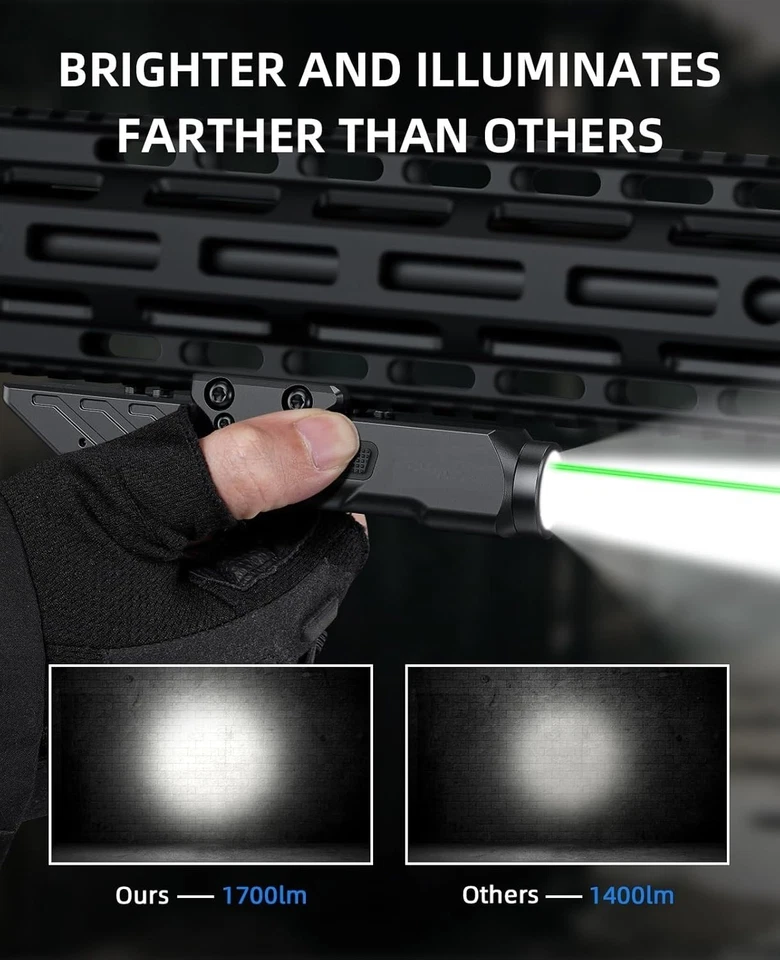 Rifle táctico de 1700 lúmenes claro y láser verde, recarga magnética, Picatinny Foto 3 de 4