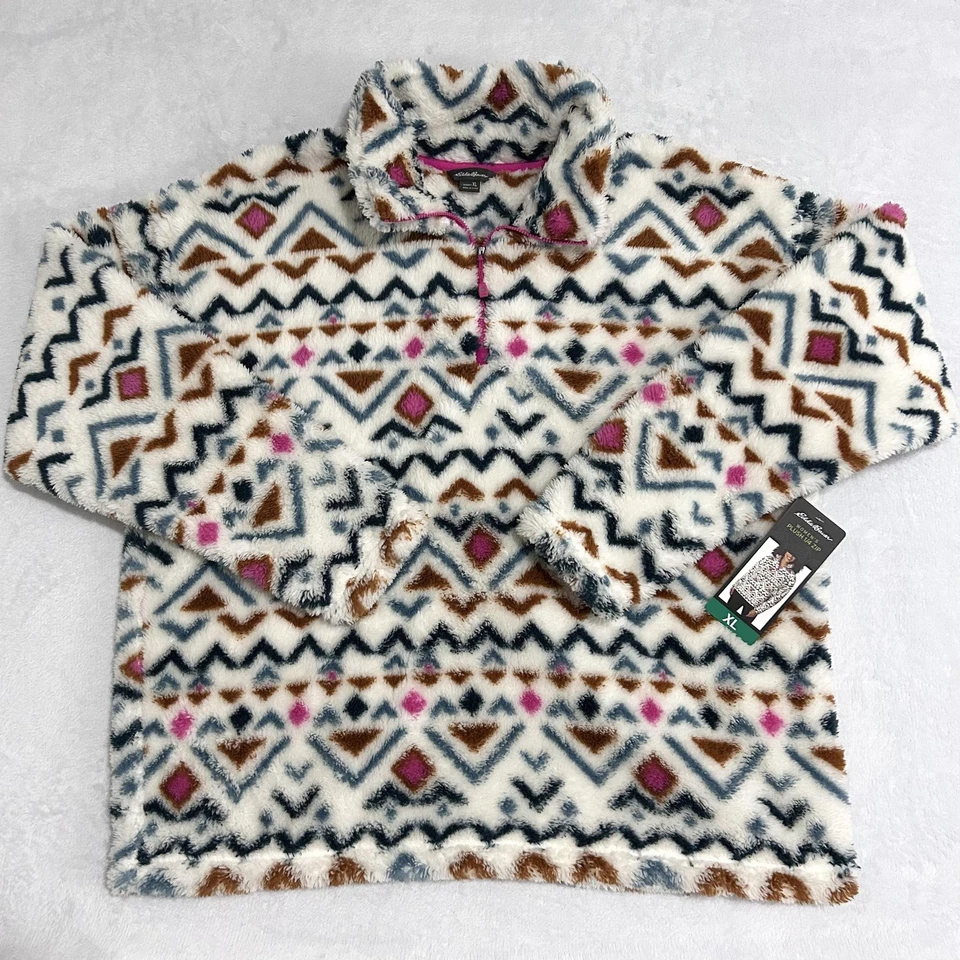 Eddie Bauer Sweater Womens XL Vanilla Aztec Sherpa Fleece Plush 1/4 Zip Pullover - Image 2 of 4