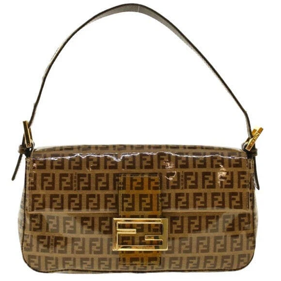 Fendi Zucchino Coated Canvas Baguette Shoulder Leather Strap Bag Beige Purse