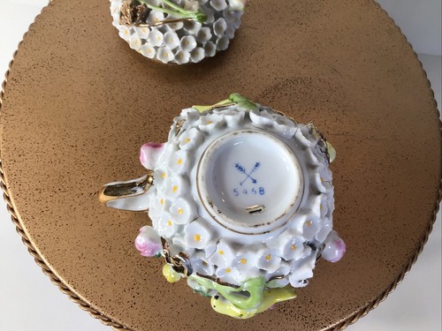 Taza bola de nieve floral antigua estilo Meissen con tapa de pájaro~¡IMPRESIONANTE!~ - Imagen 5 de 24