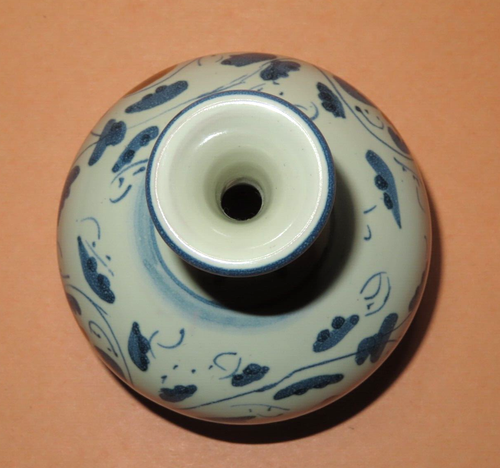 Mini vaso vintage ceramica smaltata blu e beige alto 3,5" firmato - Foto 3 di 6