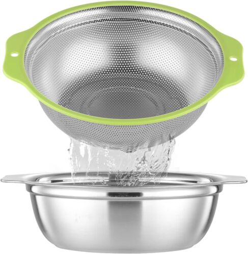 Colander Stainless Steel Microporous, 2QT Rice Strainer with Mixing Bowl, Rice