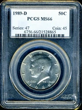 1989-D  Kennedy Half  Dollar PCGS  MS66 Hint of Gold Tone  SPOT FREE EARLY PCGS