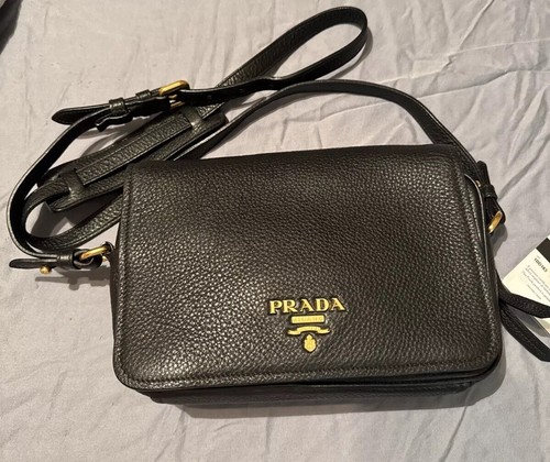 Prada Vitello Phenix Black Gold Leather Shoulder Crossbody bag 1BD163 EUC USA - Picture 2 of 12
