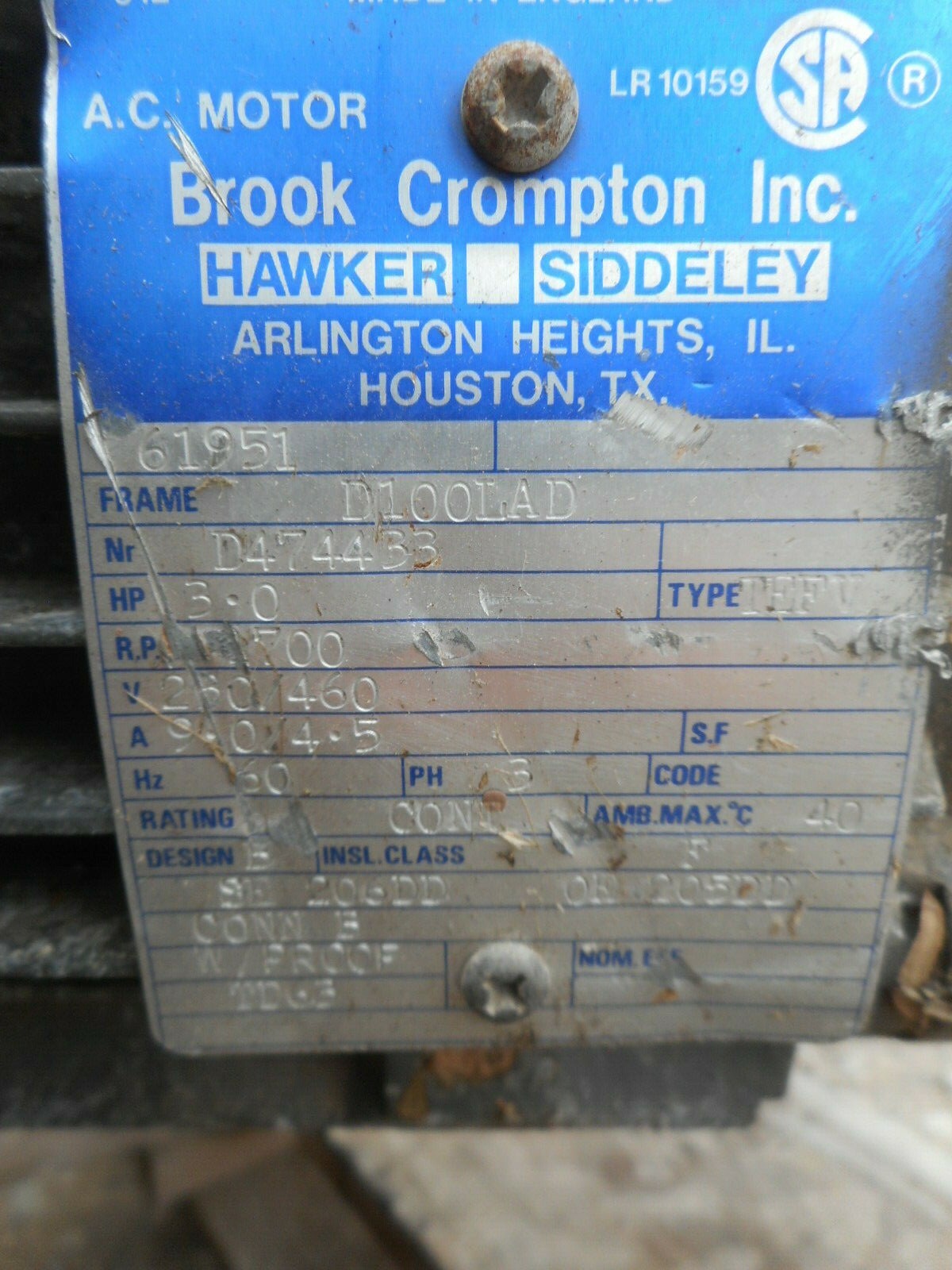 Hawker Siddeley Electric Motor D100LAD D474433 3HP 1700RPM With Tasc