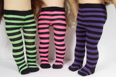 3 Tights Lot Green Pink Purple Stripes Doll Clothes For 18  American Girl (Debs)