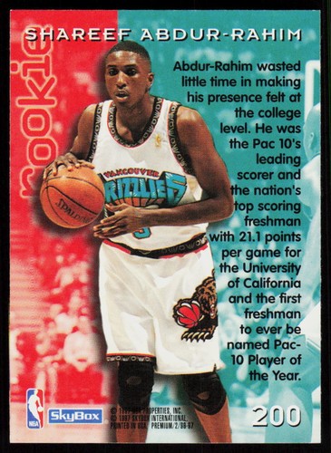 1996 SkyBox Premium Shareef Abdur-Rahim #200 RC Basketball Grizzlies ROO - Picture 2 of 2