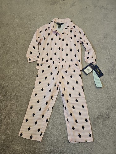 Ralph Lauren Polo Bear GIRL Button Up Pajamas 2 PC SET COTTON Pink 3T NWT