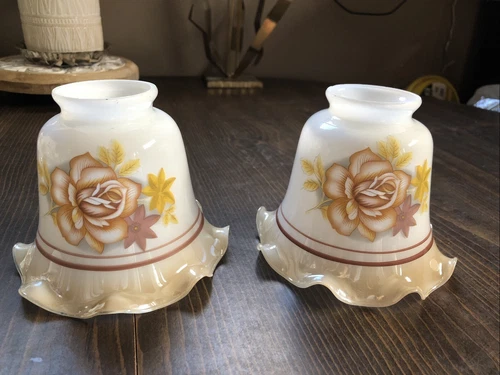 Vintage Set of 4 Milk Glass Ruffled Lamp Light Shade with Roses Brown and Ivory