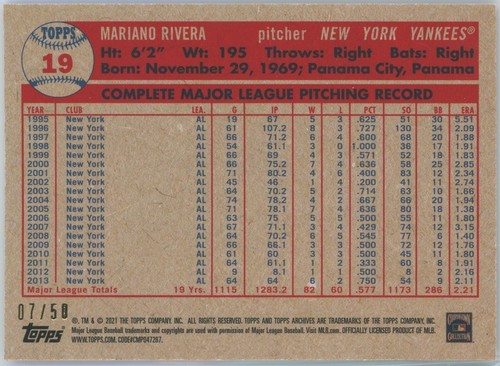 Mariano Rivera 2021 Topps Archives Red Hot Foil #19 07/50 - Imagen 2 de 2