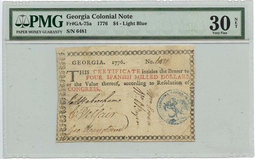1776 $4 Georgia Colonial Note Liberty Cap Light Blue GA-75a PMG VF30 NET