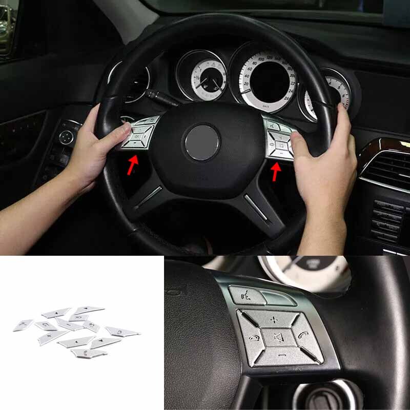 For Benz C-Class Silver Aluminum Steering Wheel Button Frame Cover Trim 2011-14