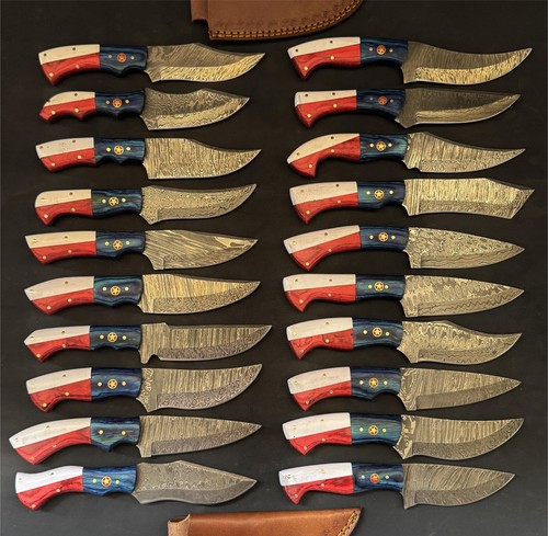 Handmade Damascus Steel Custom Texas Flag Camping Hunting Skinner set of 20