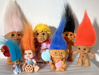 LOT OF 7 VTG TROLL DOLLS 1990s RAPUNZEL RUSS BERRIE ACME ACE NOVELTY TREASURE