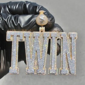 Authentic 4Ct Round Cut Simulated Diamond Twin Name Pendant 2.5 ' 14K Yellow Gold Plated