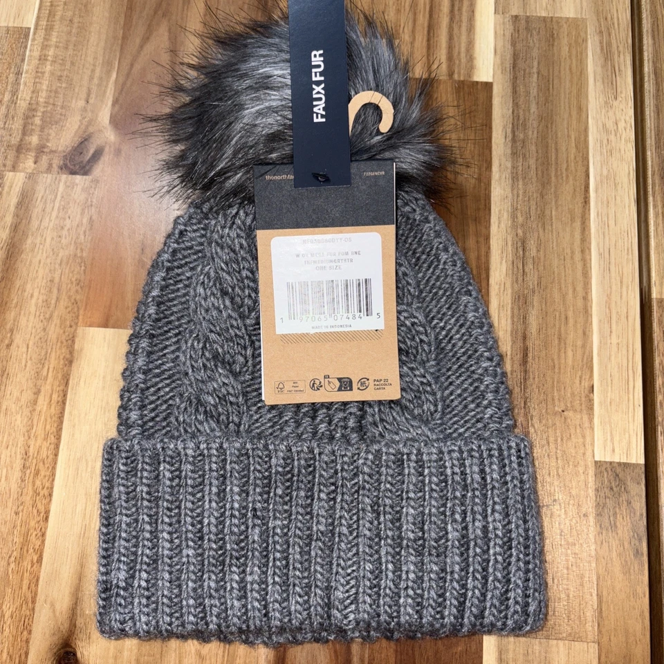 THE NORTH FACE Women's Oh Mega Fur Pom Beanie Medium Grey Heather One Size NWT - Image 3 of 4