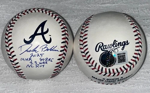 Drake Baldwin Braves Signed Team Stitch Logo Baseball Beckett Stats & NL ROY
