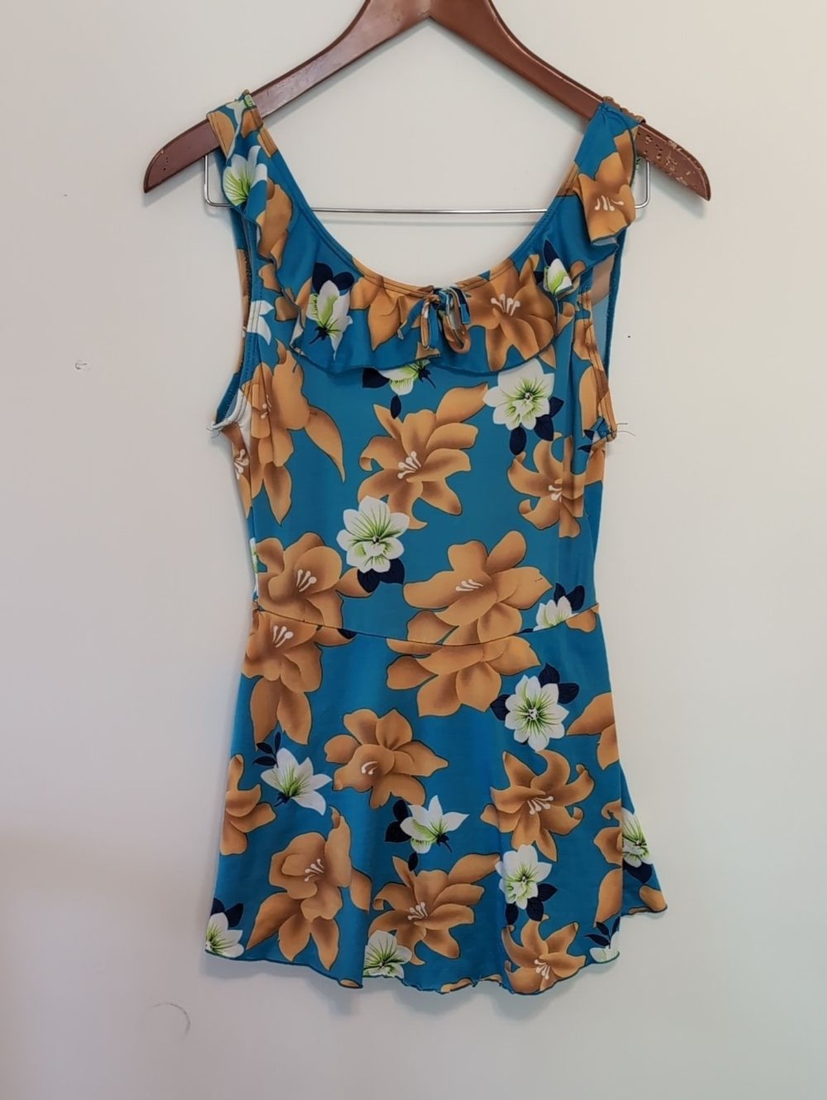 Unbranded Blue Gold Floral Skirted Bodysuit Scoop Neck Size Small