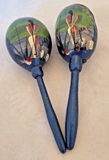 Set of 2 Vintage 1970's Blue Mexico Gourd Maracas Souvenirs Hand Painted