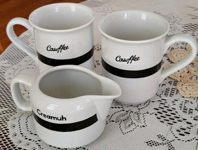 FISHS EDDY BROOKLYNESE 3 Pc. Set Cawffee Coffee Mugs and Creamuh, Kristina Sacci