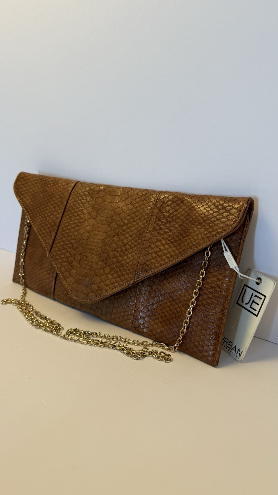 Urban Expressions Vegan Clutch Bag Tan Faux Snakeskin Envelope Chain Purse