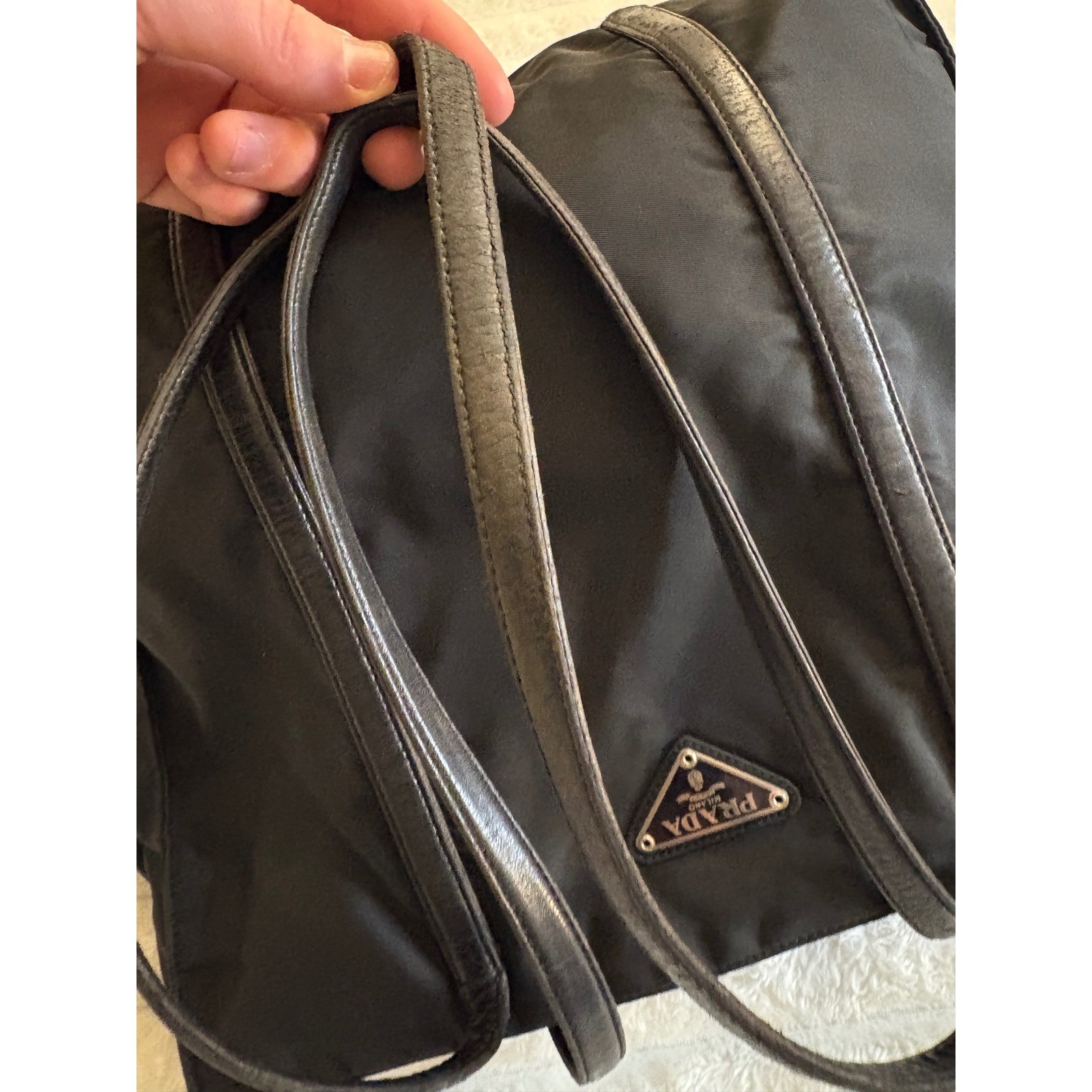 Prada Black Nylon Tote Bag Leather Trim Triangle Logo Shoulder Bag Vintage thumbnail 7