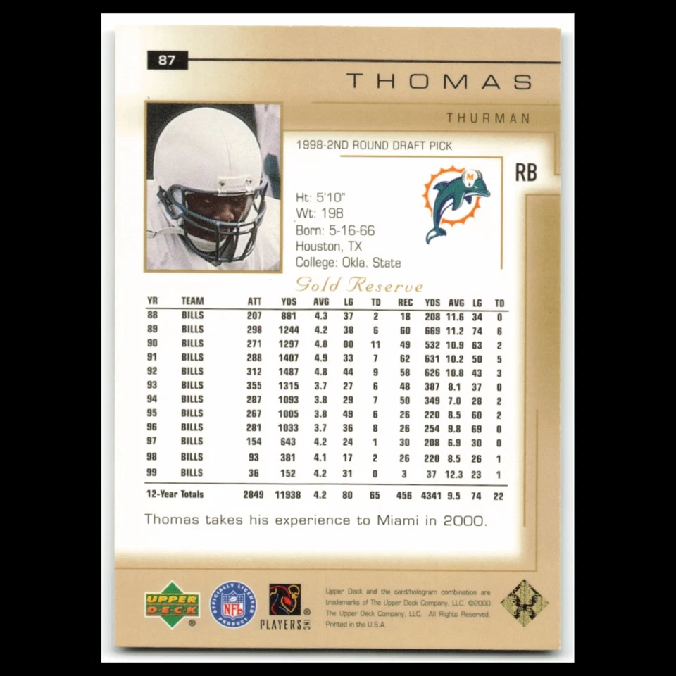 Thurman Thomas #87 2000 Upper Deck Gold Reserve Miami Dolphins Football Card NFL - Image 2 of 3