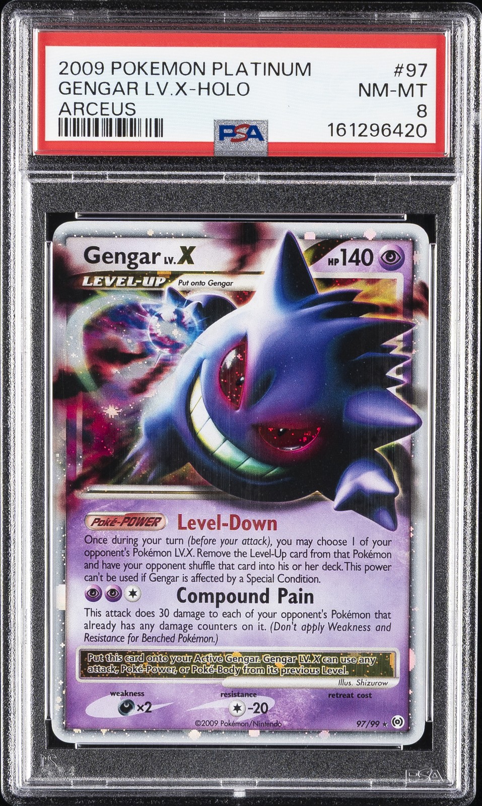2009 POKEMON PLATINUM ARCEUS #97 GENGAR LV.X-HOLO PSA 8