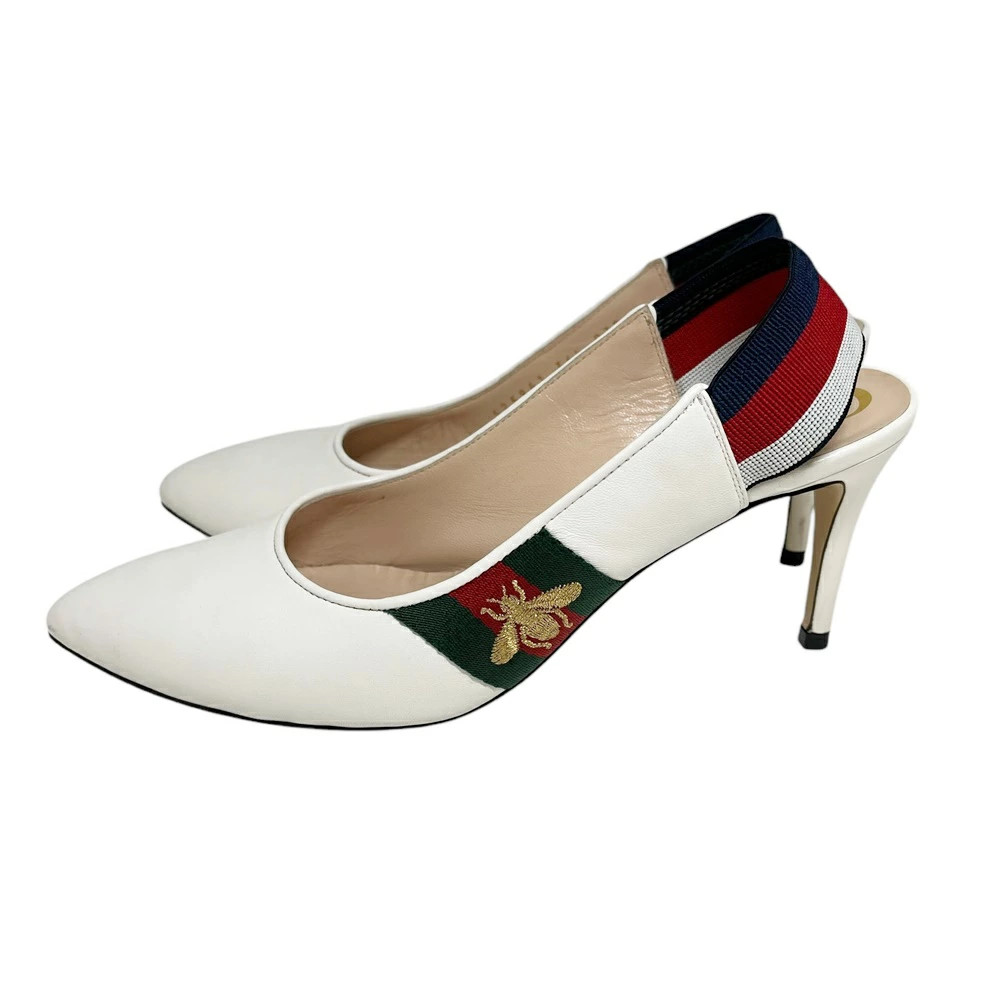 GUCCI 525941 Be Pointed Toe Pumps Leather White Heel 23.5cm Sandals Shoes USED-B thumbnail 2