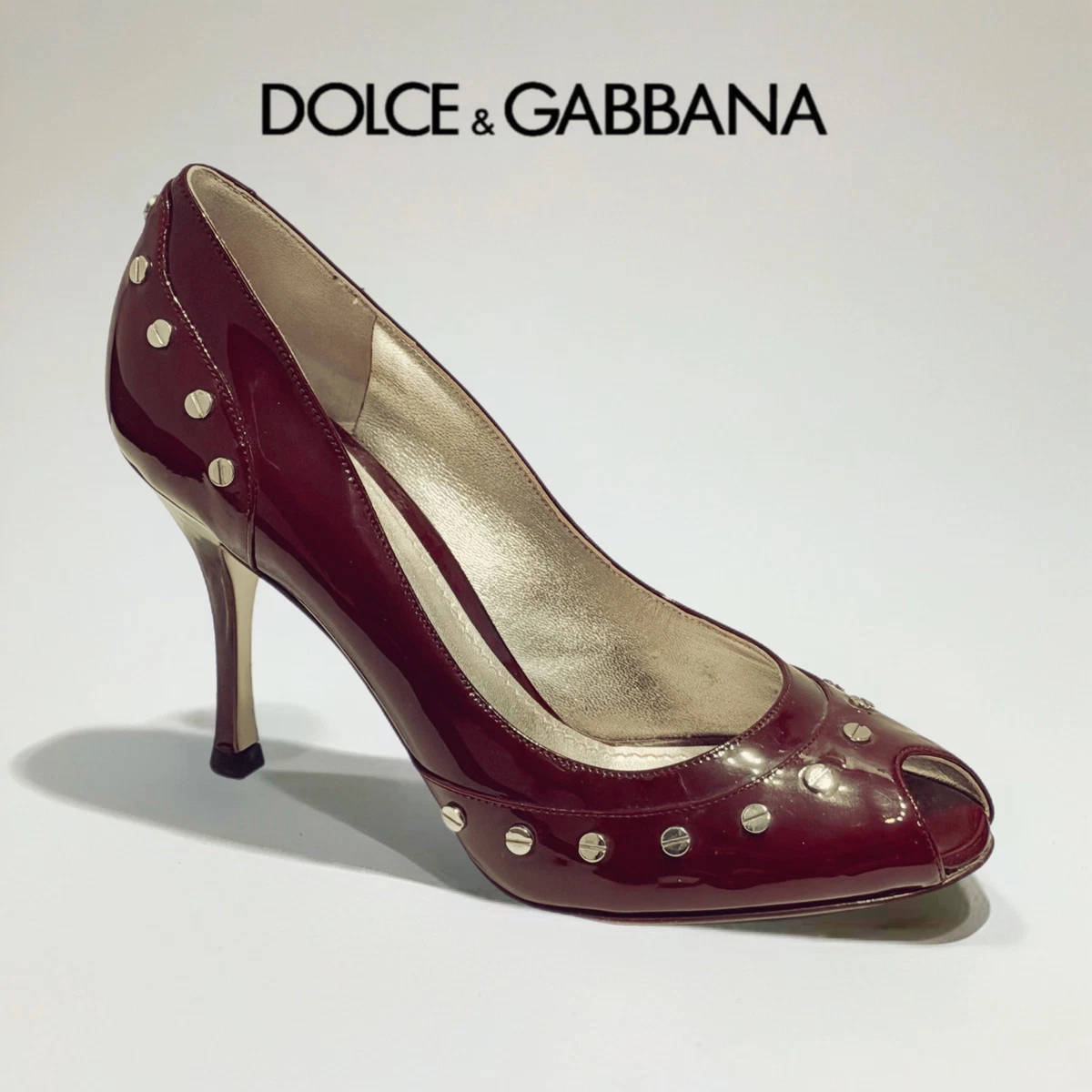 Dolce & Gabbana Vintage Bordeaux Patent Studded Peep-Toe Heels