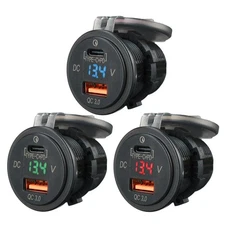 QC3.0 Dual USB Type-C Car Fast Charger Socket Power Outlet LED Digital Voltmeter