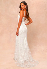 NWT Lulus Ethereal Elegance White Lace Maxi Wedding Dress Size XL Lace-Up Train