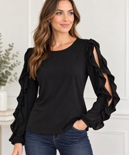 Banana Republic Black Peekaboo Ruffle Sleeve Long Sleeve Blouse Size XS Stretch