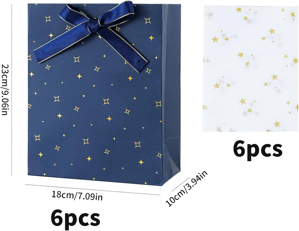 Pacote com 6 sacos de presente de papel azul marinho 9" médio com alças papel de tecido estrela dourada f - Imagem 2 de 4