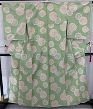 Japanese Vintage Kimono Silk Green Tumugi No Lining Traditional Length 61 in
