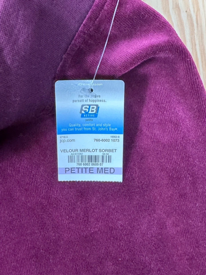 SJB ACTIVE WOMAN ‘S Petite Medium WINE - COTTON STRETCH VELOUR PANTS NWT - Image 4 of 4