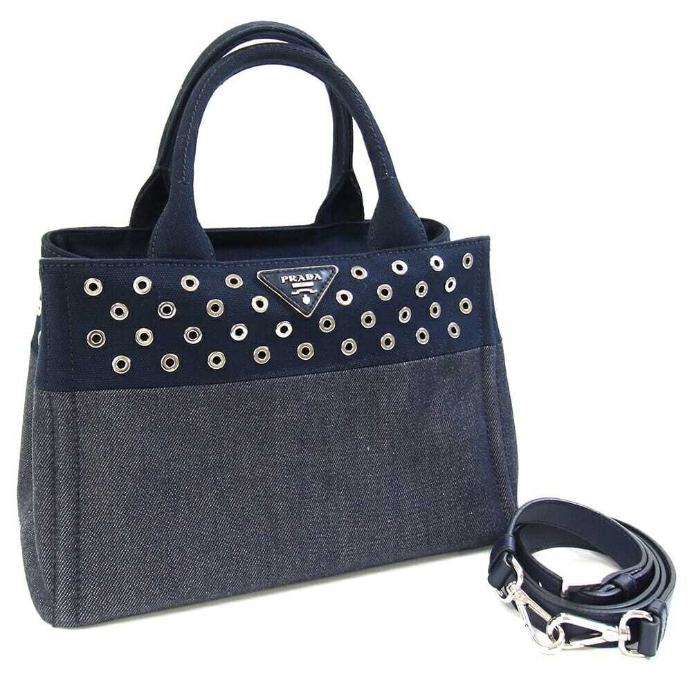 Prada 2WAY Handbag Canapa 1BG439 Navy Denim Canvas Used Shoulder Punching Logo C