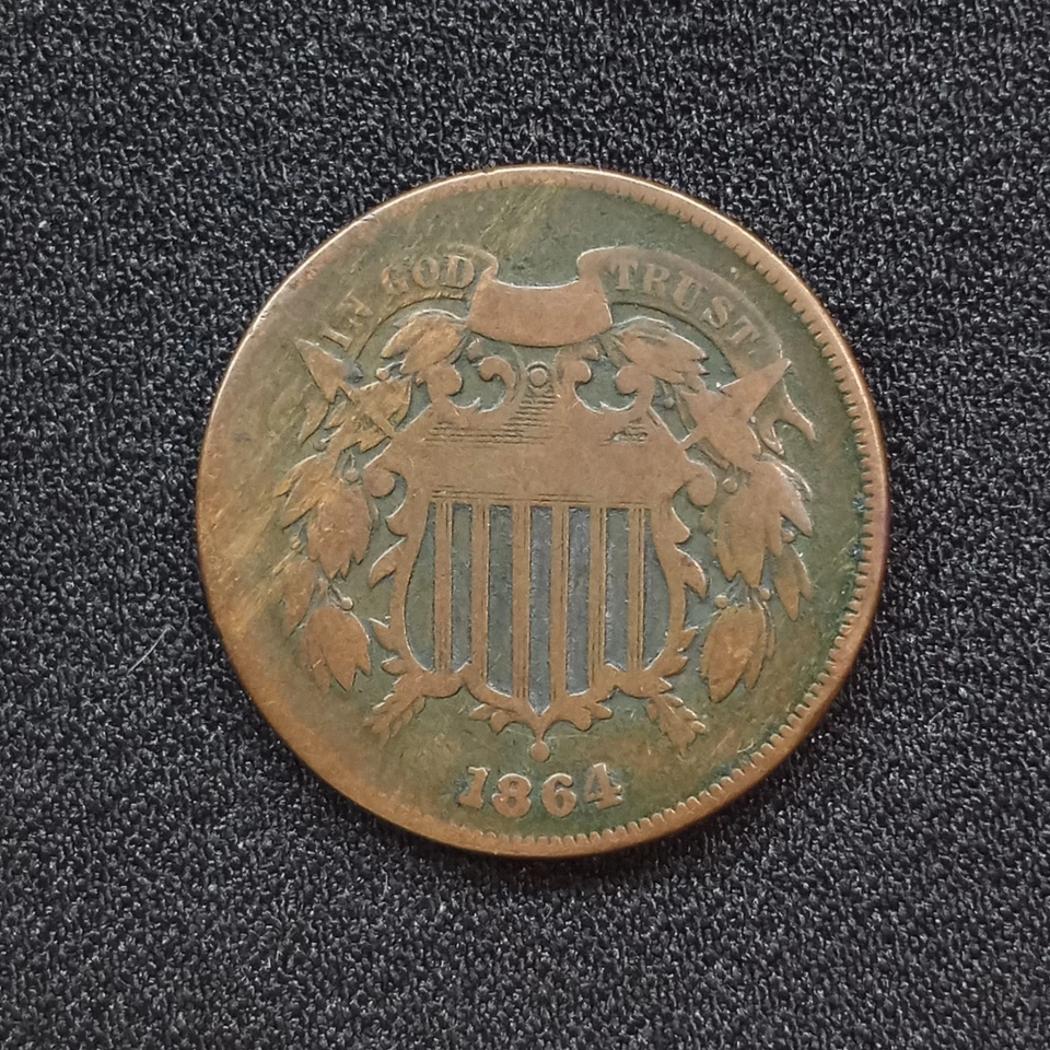 WOODY 1864 2 Cent Copper Coin Dbl Error Improper Alloy Mix and  Tilted Planchet - Image 3 of 4