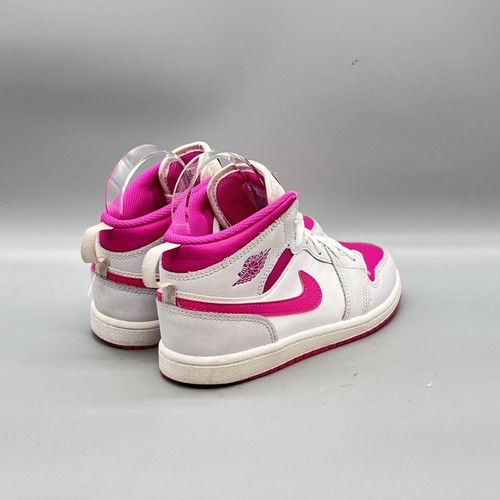 Nike Shoes Youth Girls 3 Pink White Leather Air Jordan 1 Mid Basketball Sneakers - Picture 7 of 11