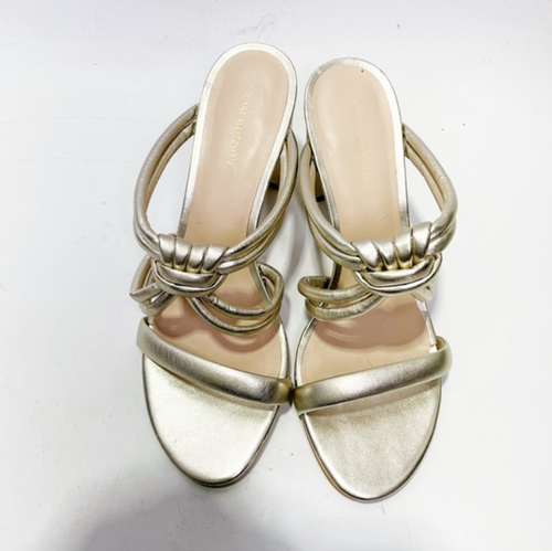 Stuart Weitzman 10/10.5 MISMATCH Twistknot Leather Sandal Heel Platinum Open Toe - Picture 9 of 10
