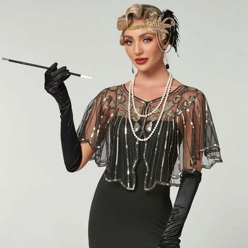Great Gatsby 1920's Bridal Flapper Sequin Cape - Gold/Black - Foto 5 di 6