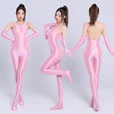 Women Shiny Glossy Satin Bodysuit Backless Jumpsuit Zipper Crotch Catsuit