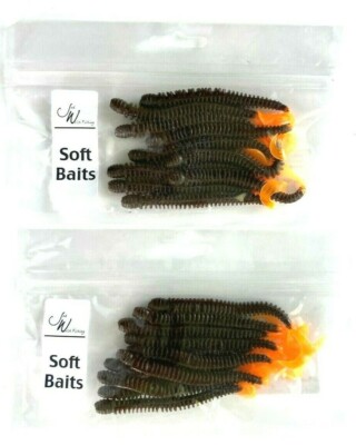 2 Packs Jed Welsh 4'' Ribbed Curly Tail Worm Chocolate Orange Tail 10 Count Pack