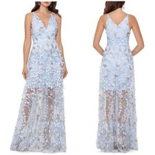 XSCAPE Embroidered Long Evening Dress  in Light Blue Size 4