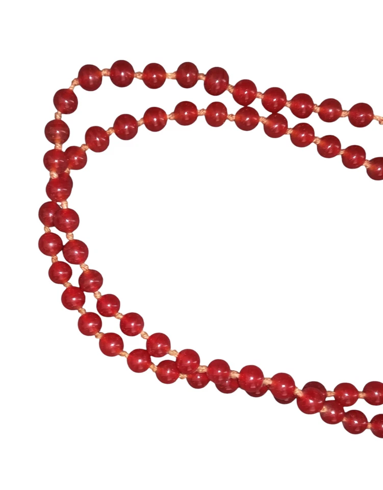 Colar de contas antigo de vidro vermelho PEQUIM 28" gota 56" comprimento França Klein - Imagem 2 de 4