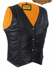 Women's Motorcycle Leather Vest Braid, Black -Button Snap Closure M,L,XL,2XL,3XL