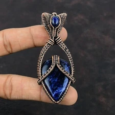 Sodalite Wire Wrapped Pendant Handcrafted Copper Birthday Gift Jewelry 3.11"