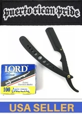 100 BLADES & CLASSIC STAINLESS STEEL STRAIGHT EDGE BARBER RAZOR SALON LORD BLACK