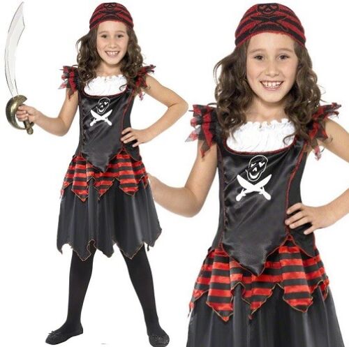 Childs Girls Fancy Dress Pirate Girl Costume Black/Red Kids Outfit by Smiffys - Afbeelding 1 van 3
