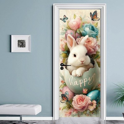 Door Stickers 30.3x78.7 Inch PVC Easter Bunny Egg Floral Design Peel and Stic...